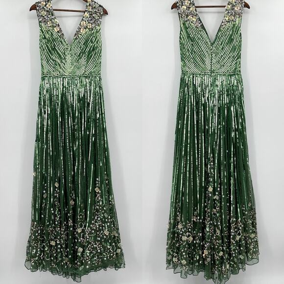 Mac Duggal Sage Green Floral Garden Sleeveless Deep V Beaded Gown 5223 Sz 10 NWT - Picture 3 of 10